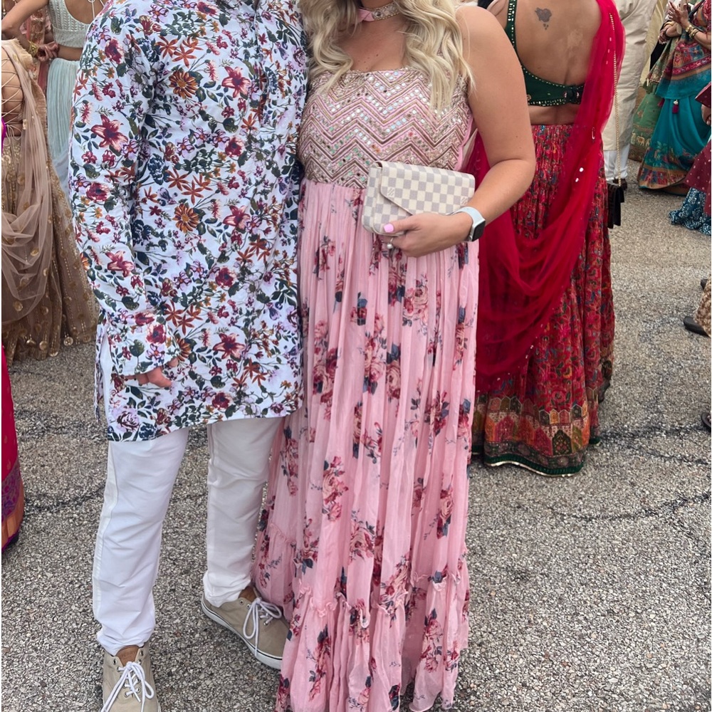 Indian gown/maxi dress- long & pink floral with sparkles; with a choker dupatta